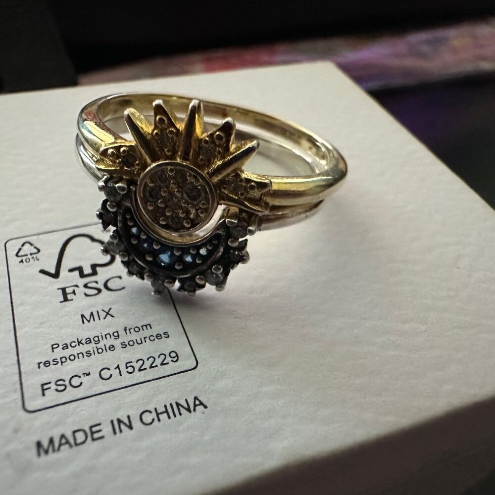 Celestial Sun and Moon Ring Set, Sparkling Sun Ring/Blue Moon Ring SZ 9